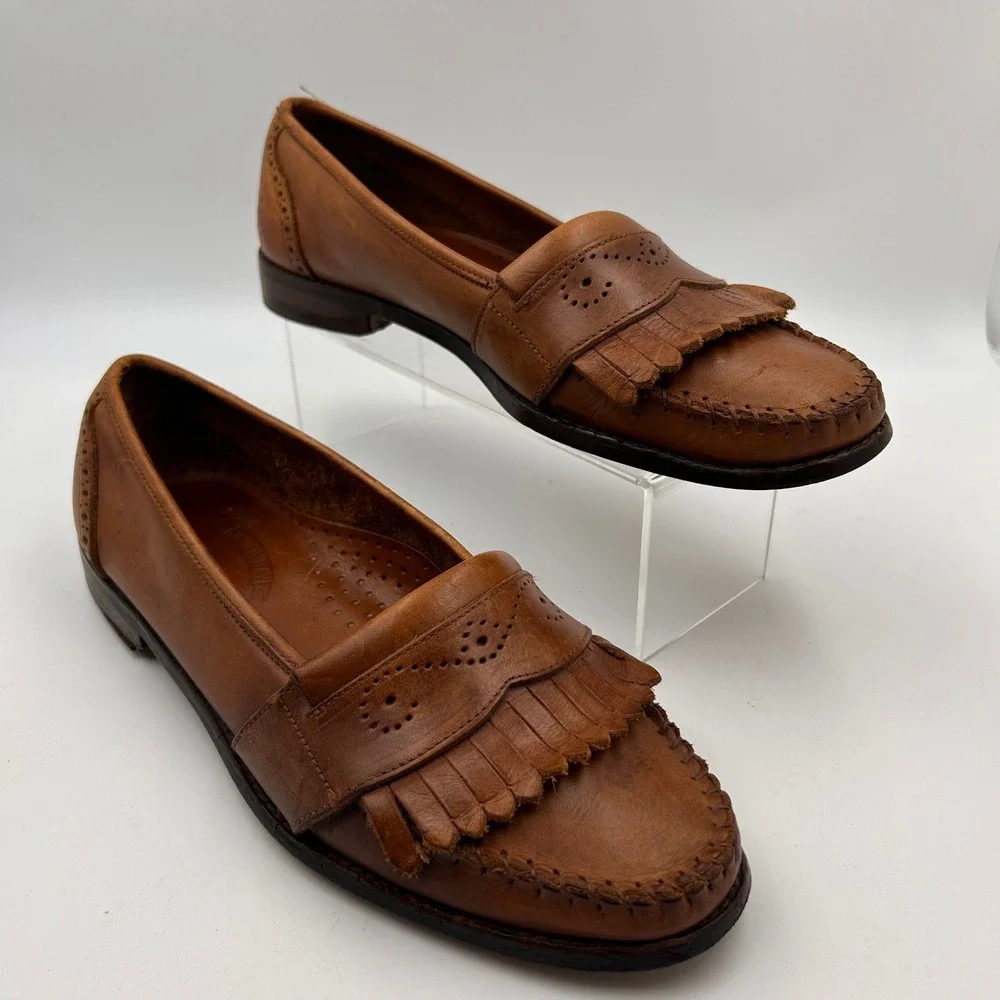 VTG Thornton Bay Kiltie Loafers Men 10 Brown Leather Brogue Made in Italy Preppy